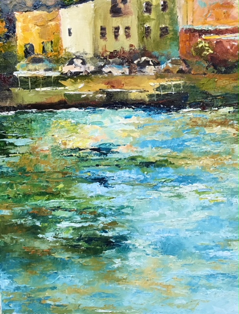 Afternoon on the Cetina III, (Town with Boats, Oil, 15x20, $1225