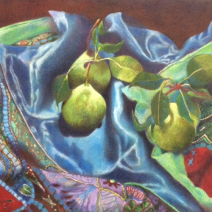 Pears on Quilt, 22.5x29 Framed, Colored Pencil, $1625